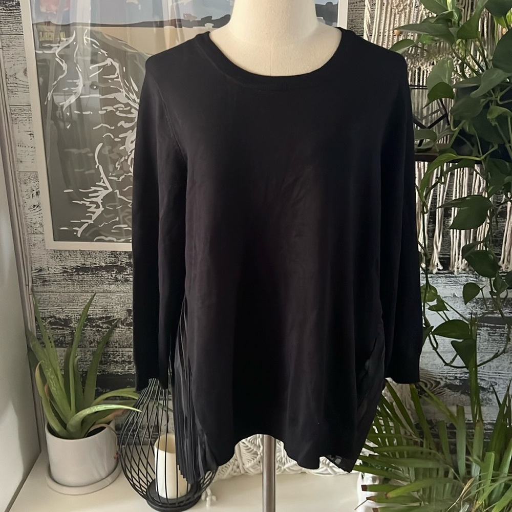 NWT Adrianna Papell black pleated woven back sweater.